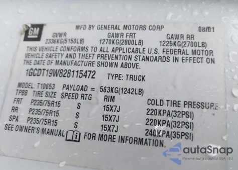 2002 Chevrolet S-10 Ls z USA, uszkodzony, nr VIN 1GCDT19W828115472